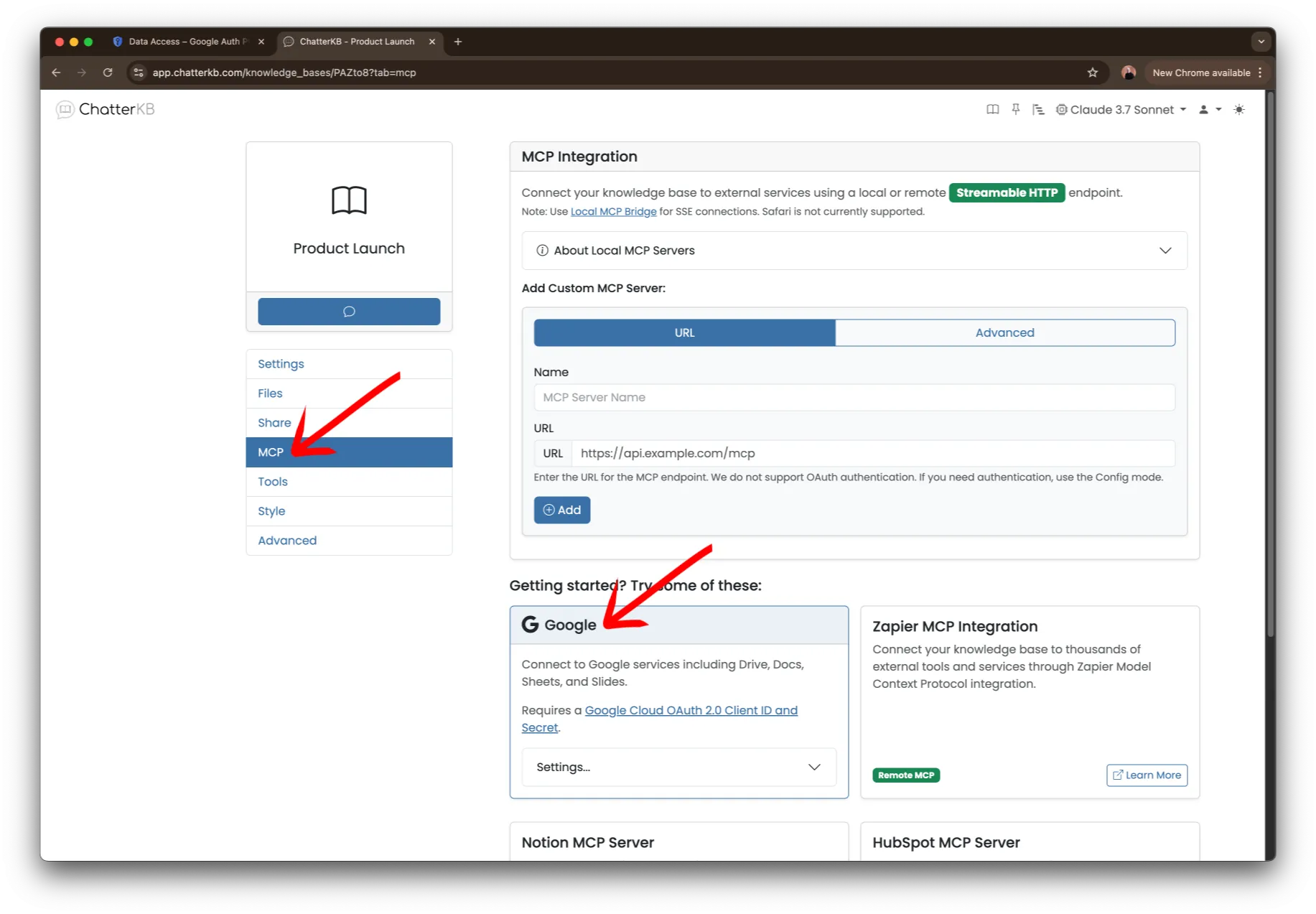 Knowledge Base Settings - MCP