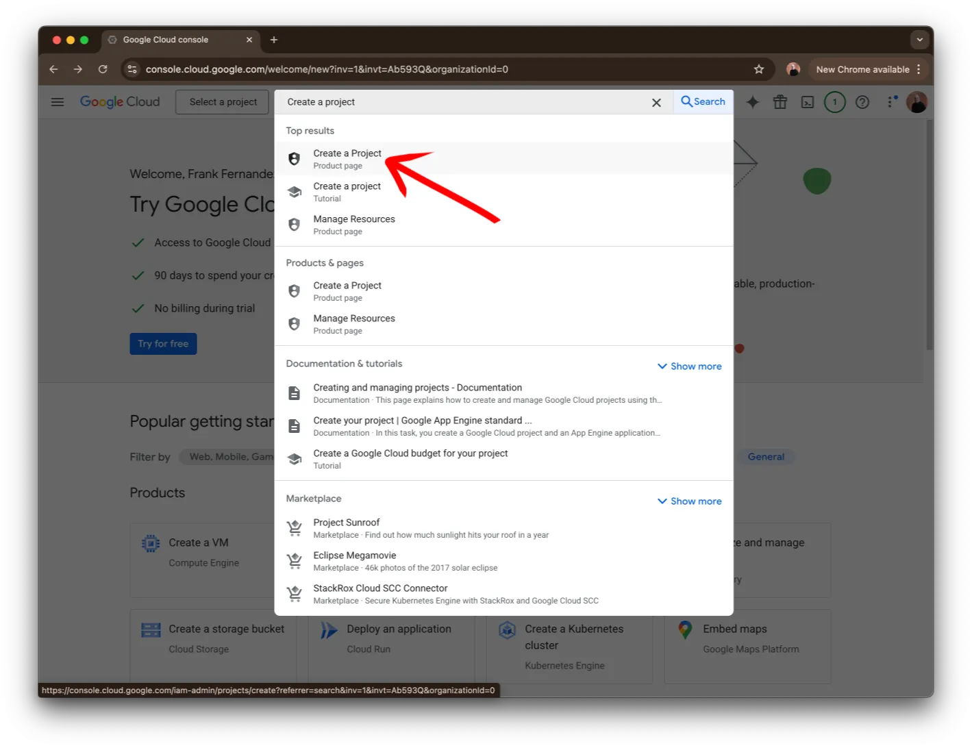 Search Bar for Create a Project